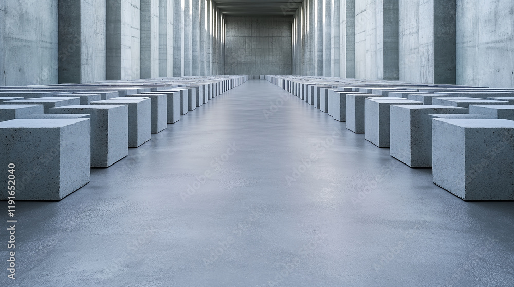 Poster organized piles of hollow concrete blocks arranged symmetrically on a concrete floor, creating a sen