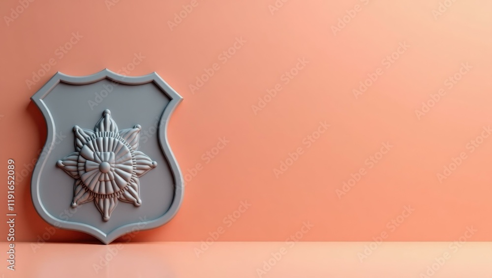 Poster pebble gray police badge on left. soft green background. copy space for text, 3d render ai generated