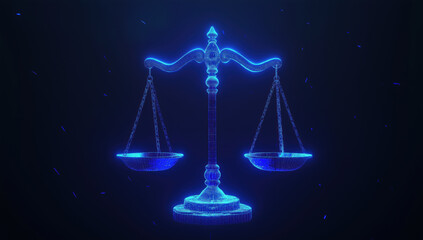Futuristic glowing digital justice scale with blue neon light effect on dark background