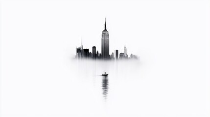 Obraz premium Minimalist cityscape skyline with lone boat on calm water.
