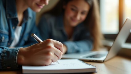 Study Focus. Close-up of student writing notes in notebook with laptop
