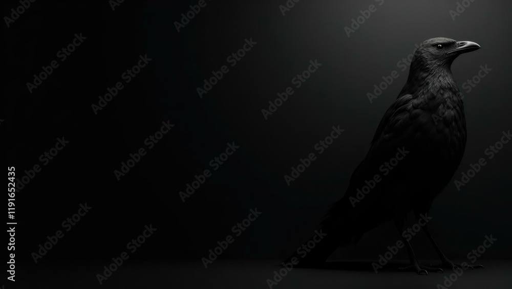 Poster obsidian black raven figure on right. soft pink background. copy space for text, 3d render ai genera