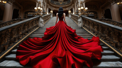 A striking woman with black hair in a dramatic red gown, standing majestically on a luxurious marble staircase with gilded details