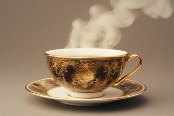 Fototapeta premium Ornate gold teacup, steaming beverage, saucer.
