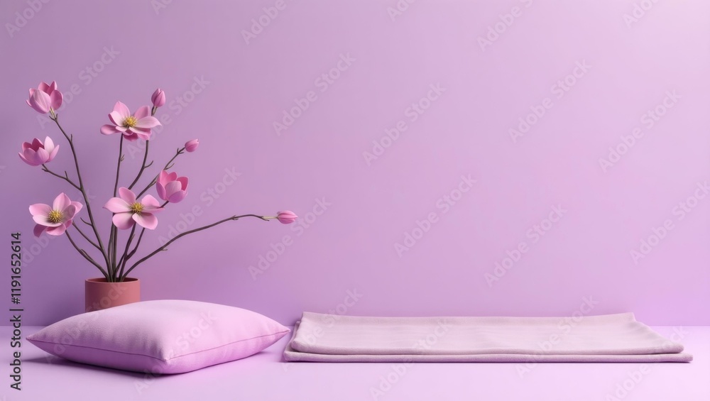 Poster mauve meditation rug on left. soft orange background. copy space for text, 3d render ai generated de