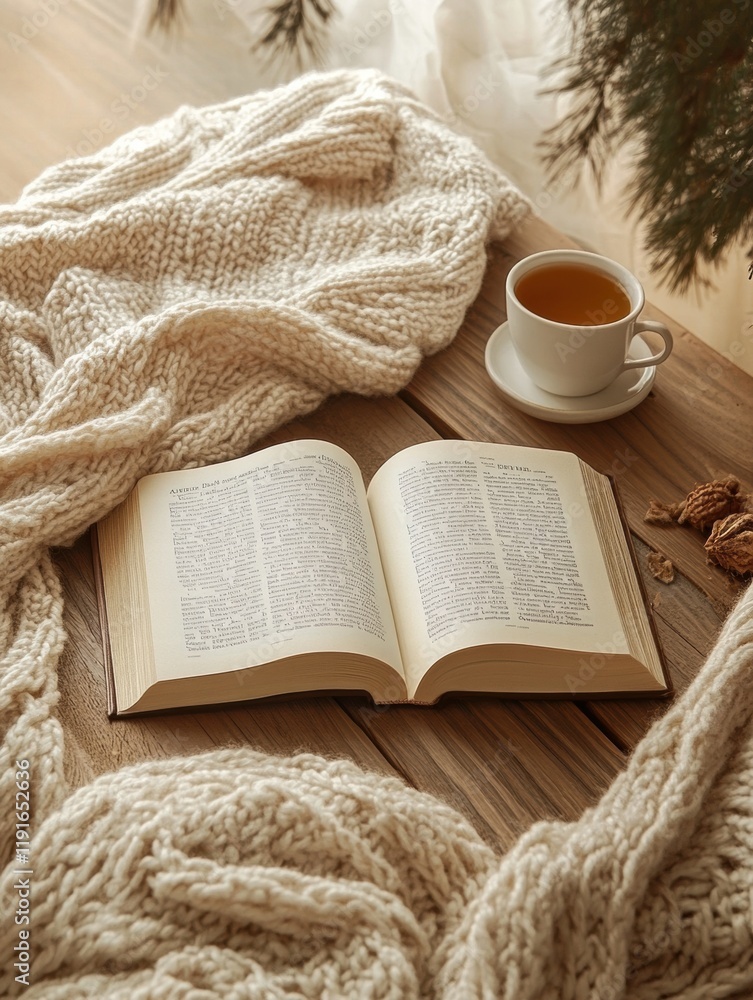 Aufkleber cozy reading corner with an open book, knitted blanket, and tea on a wooden table during a tranquil 