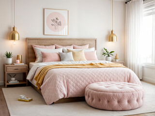 Patterned pouf in the interior of the room with a pillow on the wooden bed under the lamp