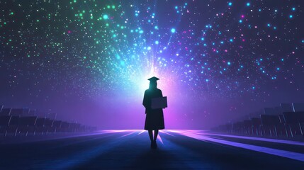 Fototapeta premium Silhouette of graduate walking towards bright, colorful lights and stars.
