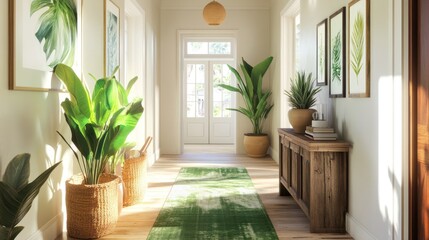 Serene Hallway with Tropical Touches:  A sun-drenched hallway boasts a curated collection of tropical plants in woven baskets, setting a serene and welcoming ambiance.