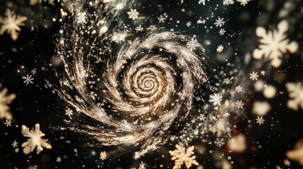 Fototapeta premium Golden spiral, snowflakes, dark background, winter scene.