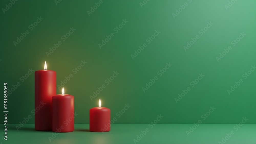 Poster rich ruby red altar candle on left. soft black background. copy space for text, 3d render ai generat