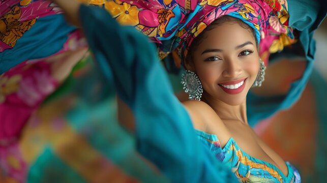 A mestizo zouk dancer in traditional Caribbean attire is full of joy. A female dancer in a carnival costume of turquoise, gold and fuchsia.