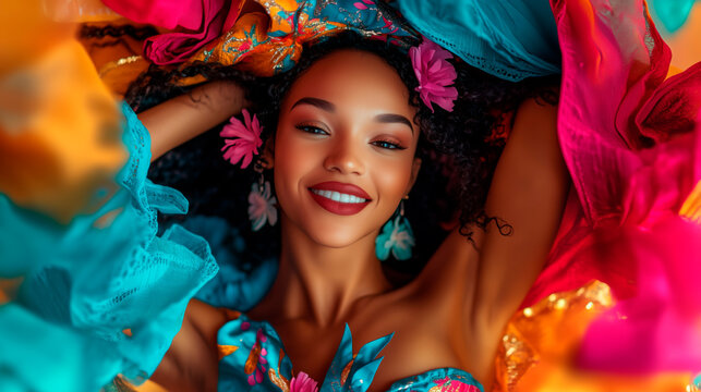 A mestizo zouk dancer in traditional Caribbean attire is full of joy. A female dancer in a carnival costume of turquoise, gold and fuchsia.