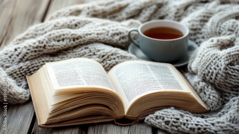 Aufkleber Comfortable reading time with an open book and a warm cup of tea on a rustic wooden table. Generative AI