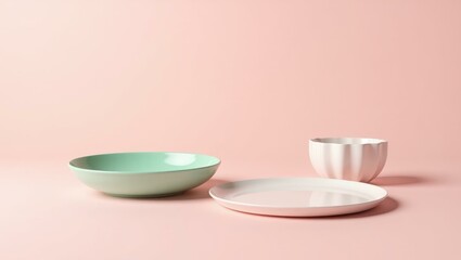 Coral pink dumbbell on right. Minimalist pastel green bowl white plate