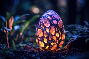 Glowing decorative egg nestled among ferns in a tranquil forest at twilight