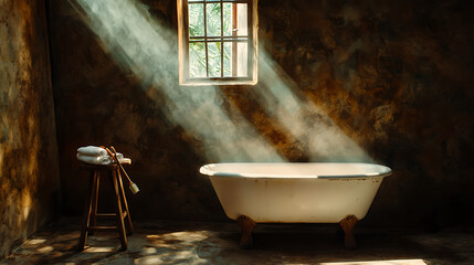 serene bathroom scene featuring vintage bathtub illuminated by soft sunlight streaming through window, creating tranquil atmosphere