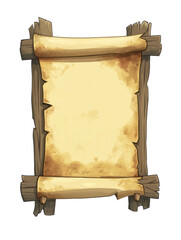 An old parchment scroll with wooden frames and an empty center isolated on a white background. This image conveys vintage design, history, and creative storytelling themes.