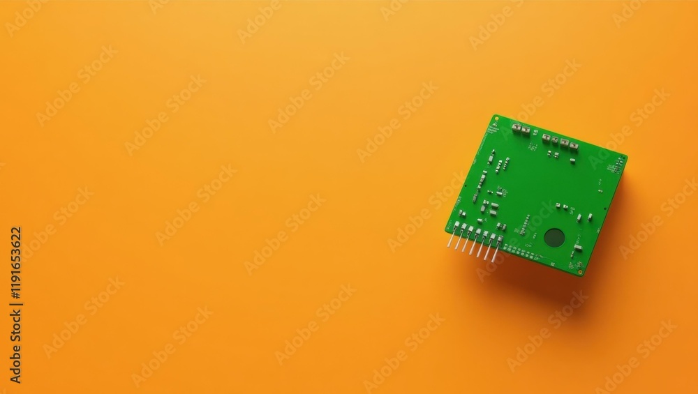 Fototapete green circuit board piece on left. soft red background. copy space for text, 3d render ai generated 