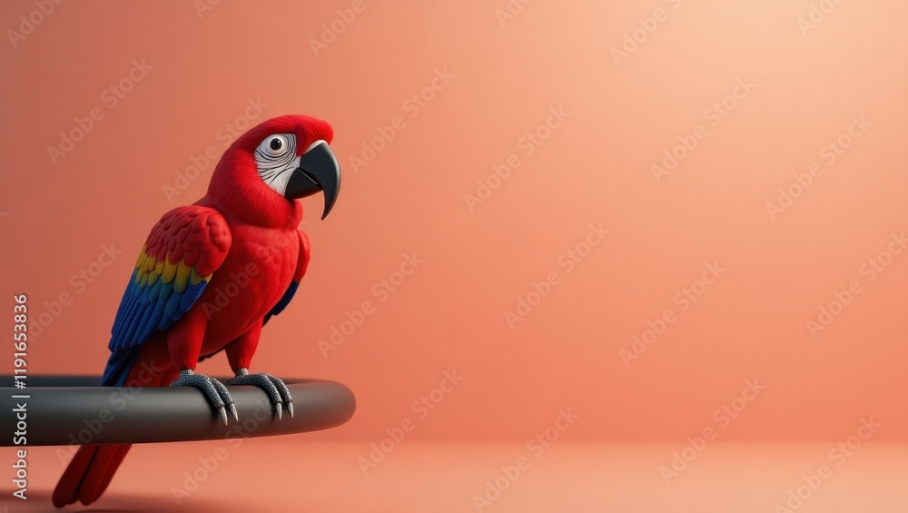 Poster scarlet red macaw on left. soft red background. copy space for text, 3d render ai generated designer