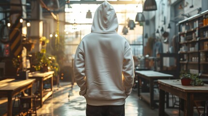 Back view of young man in white hoodie standing in cafe