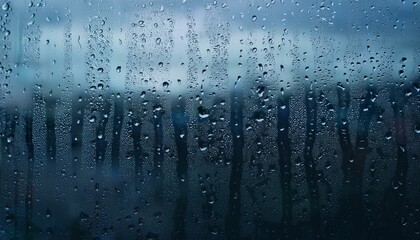 blurry rain droplets on a glass window with a background gradient in dark blue and gray for a moody feel