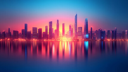 Hyperrealistic minimalistic shiny modern skyscrapers in a futuristic financial district with reflections, architectural blue background, bright light tone, graphic perspective, ideal for corporate bro