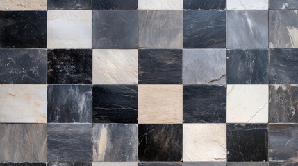Rustic slate tiles in contrasting dark gray and light gray hues, forming a checkerboard pattern on a smooth beige background with natural light accents.