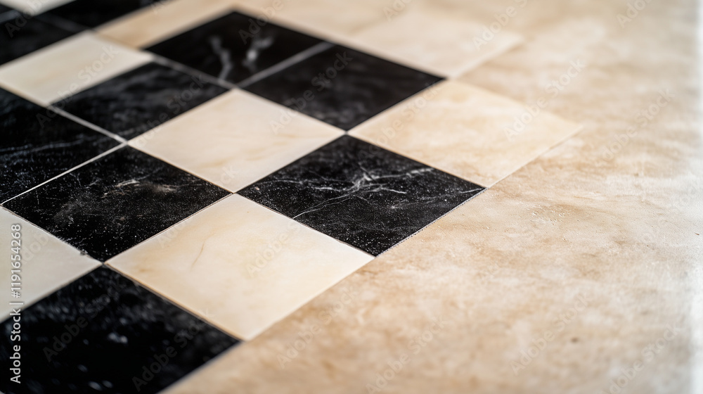 Poster glossy onyx tiles in black and cream arranged in a precise checkerboard pattern, set on a matte beig