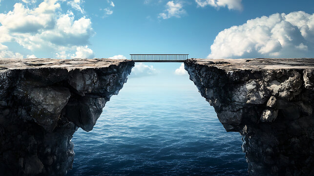 symbolic depiction of bridge connecting two rocky cliffs over calm water, representing investment and opportunity
