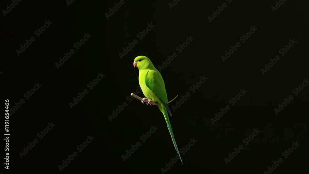 Poster lime green parrot perched on a branch on left. soft yellow background. copy space for text, 3d rende