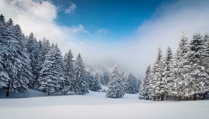 Naklejka premium a snowy landscape with soft blankets of white snow covering pine trees evoking a serene winter wonderland