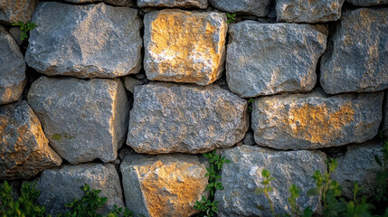 Naklejka premium Natural stone wall with moss and golden highlights in a serene outdoor setting