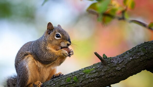 douglas squirrel tamiasciurus douglasii on a tree branch eating a nut