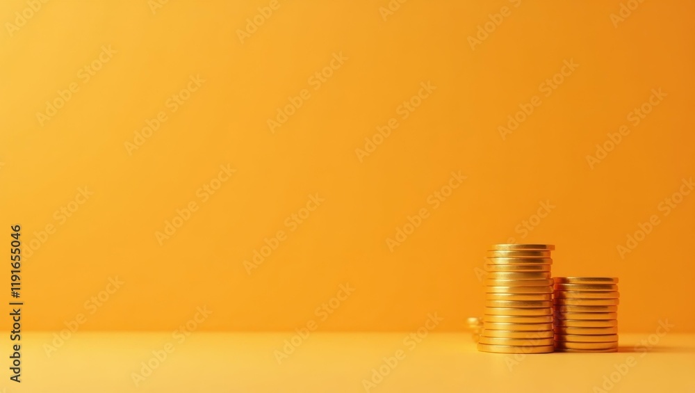 Poster golden coin stack on left. soft green background. copy space for text, 3d render ai generated design