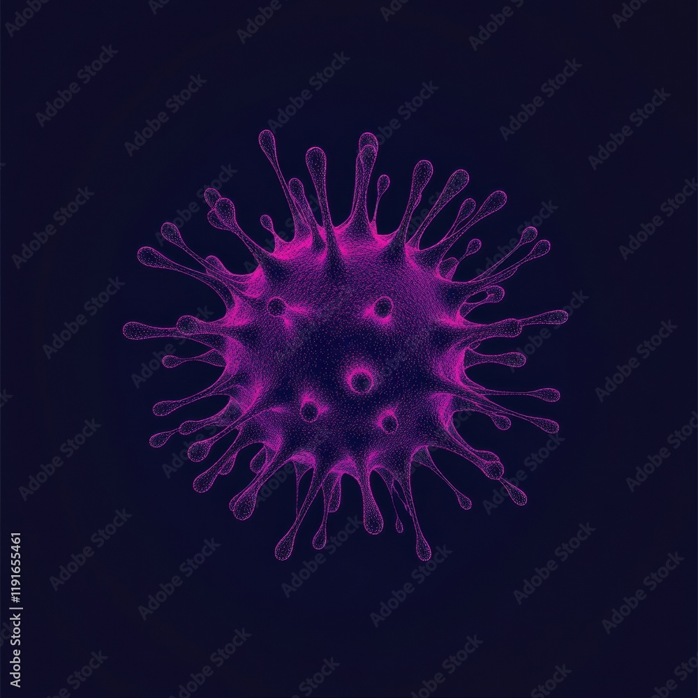 Poster graphical representation of a minimalistic virus on a dark background showcasing its unique structur