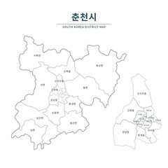 Chuncheon map. Map of South Korea with Major Cities, Clean Line Design on White Background.

