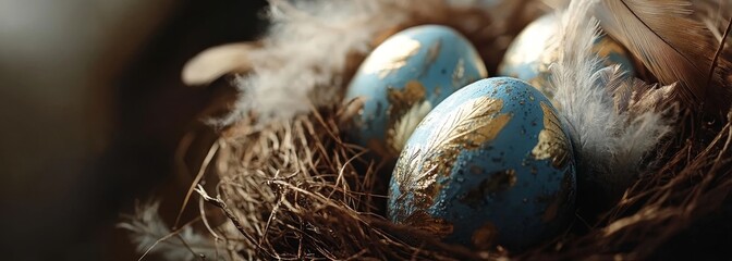 Fototapeta premium Painted Easter eggs in bird's nest with feathers
