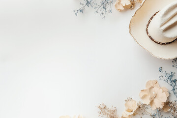 Flat lay background with cowboy hat and dried flowers in neutral tones. Top view.