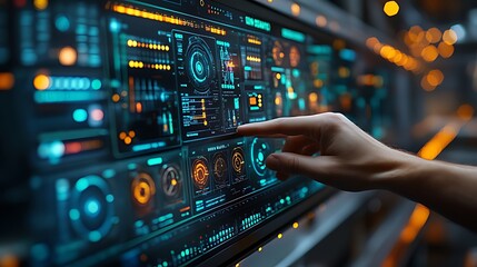 Fototapeta premium Hand interacts with futuristic data screen in server room