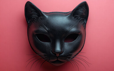 Black leather cat mask on red. A black leather cat mask with detailed features rests on a vibrant red backdrop, showcasing unique craftsmanship.
