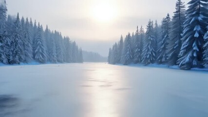 Snowy trees line the edge of a frozen lake in the middle of a forest - Powered by Adobe