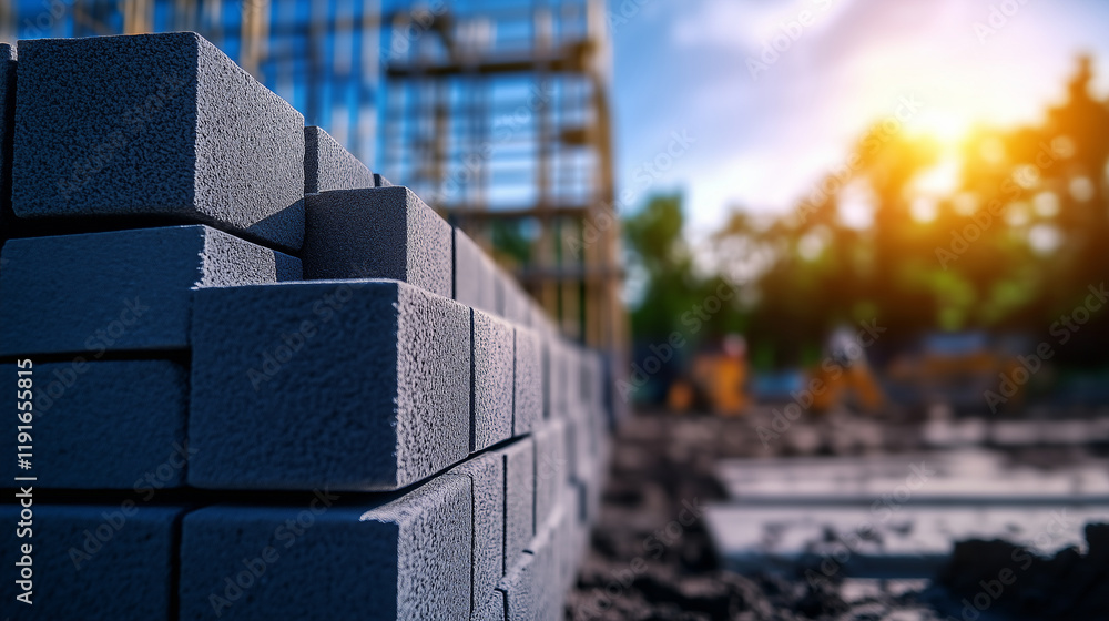 Aufkleber interlocking concrete blocks neatly stacked in a construction area, with tools and scaffolding visib