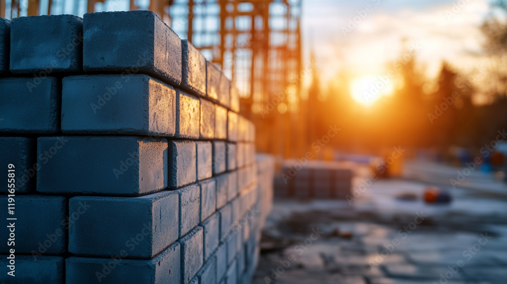 Poster interlocking concrete blocks neatly stacked in a construction area, with tools and scaffolding visib