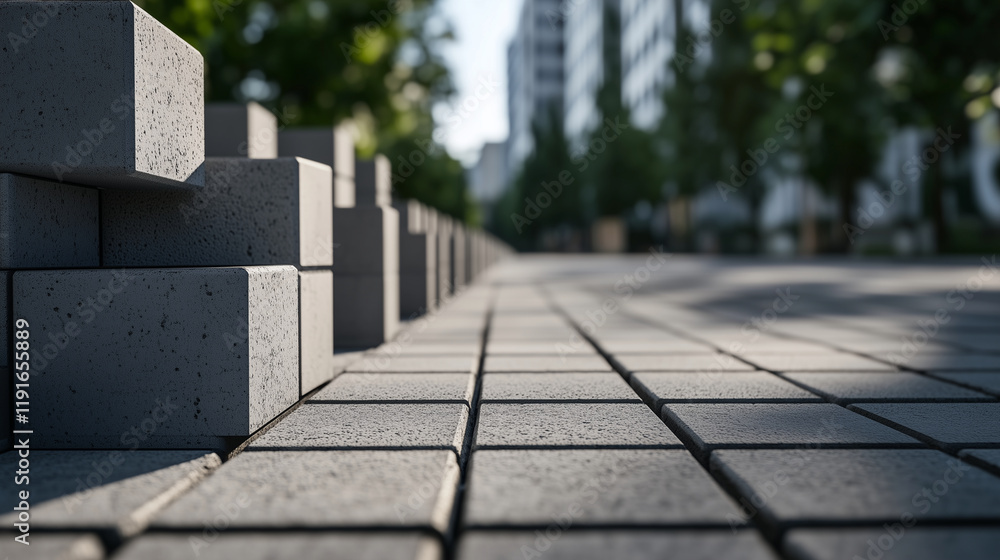 Poster a dynamic perspective of interlocking concrete blocks locked seamlessly together, showcasing their d