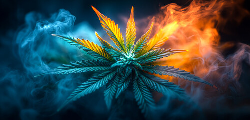 Fototapeta premium Vibrant cannabis in smoke. A vibrant cannabis plant is illuminated by colorful smoke, creating a striking visual contrast and atmosphere.