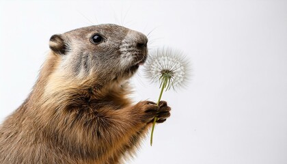 a curious groundhog examines a delicate dandelion seed puff against a bright white background