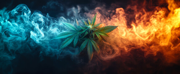 Fototapeta premium Colorful cannabis and smoke blend art. Vibrant green cannabis plant surrounded by swirling blue and orange smoke creates a striking visual effect.