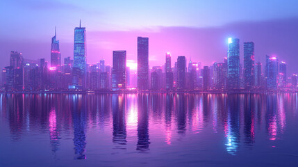 Fototapeta premium Hyperrealistic minimalistic shiny modern skyscrapers in a futuristic financial district with reflections, architectural blue background, bright light tone, graphic perspective, ideal for corporate bro