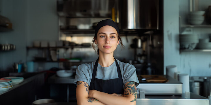 Confident female chef stands in a modern kitchen, showcasing her culinary skills and unique tattoos while preparing for a busy day at the restaurant